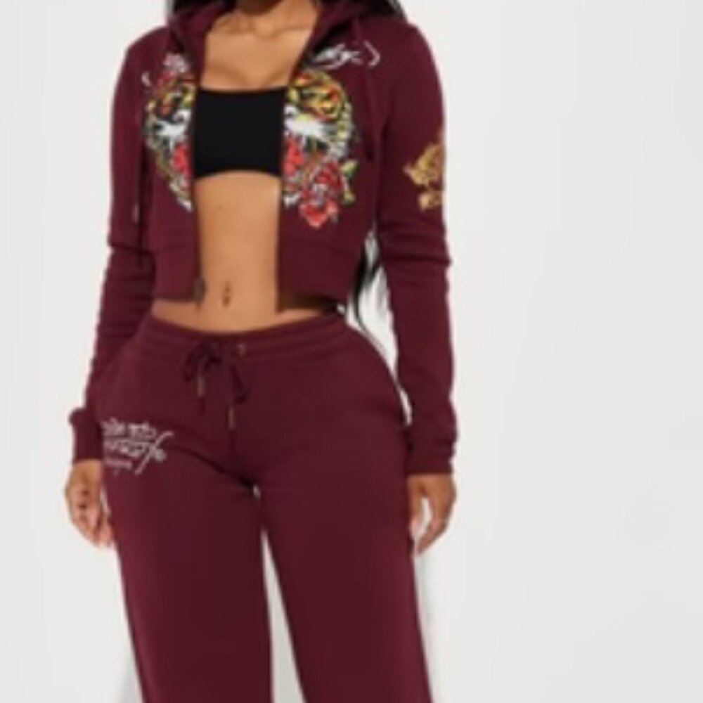 Retro Tiger Ed Hardy Wide Leg Pant - Burgundy Size: L